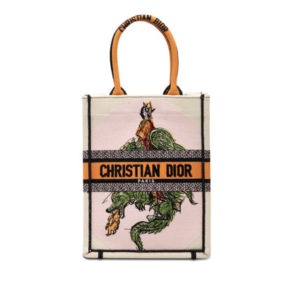 White Dior Embroidered Canvas Princess And Dragon Vertical Book Tote