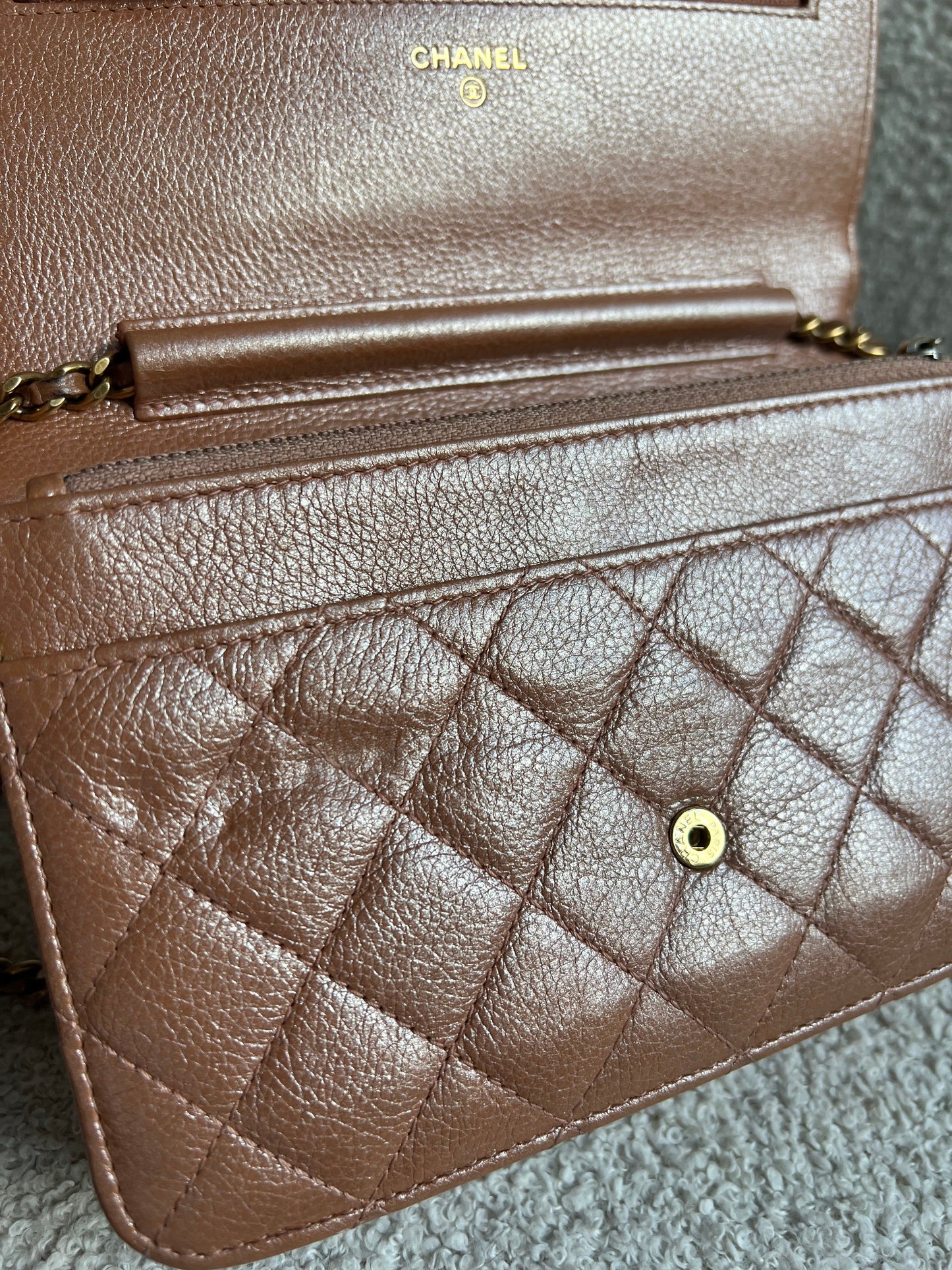 Chanel Dark Beige Quilted Caviar Boy Wallet on Chain