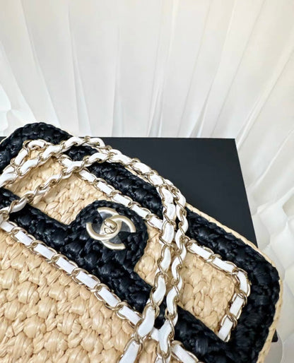 Chanel 24C Flap Bag In Black Raffia With Braided Chain