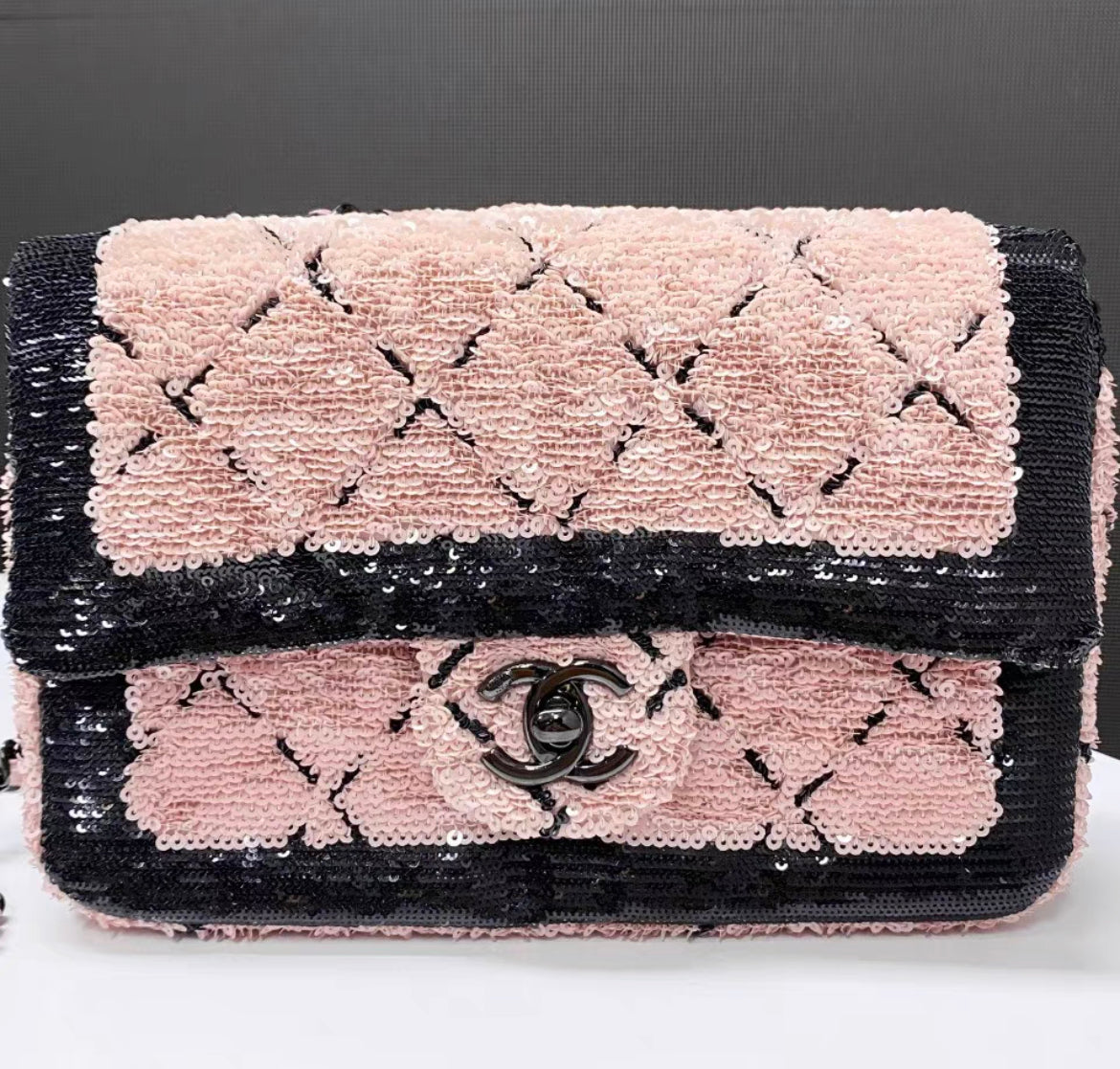 Chanel 24P Small Flap Bag Sequins Black Metal Pink Black