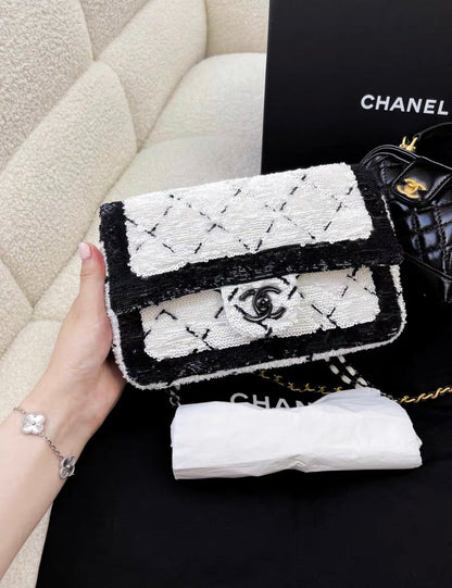 Chanel 24P Large Flap Bag Sequins Black Metal White Black