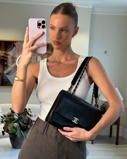 Chanel Flap Calfskin Leather Black Silver Shoulder Bag Style