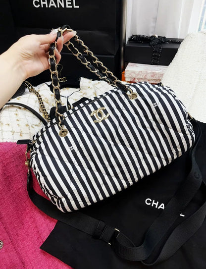 Chanel 24M Coco Beach Black And White Striped Bowling Bag