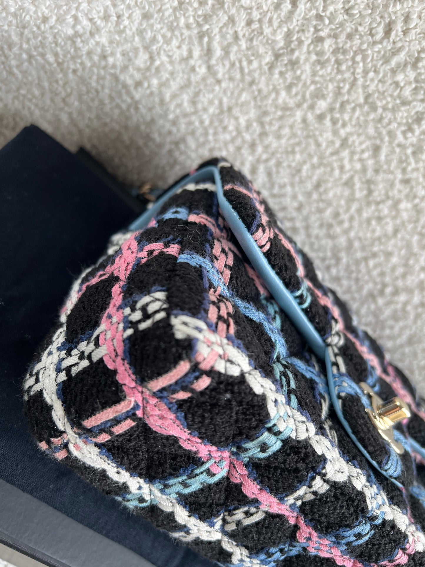 Chanel Classic Quilted Rectangular Mini Flap Bag in Multi Coloured Boucle Tweed and Champagne Gold Hardware (RRP £4390)