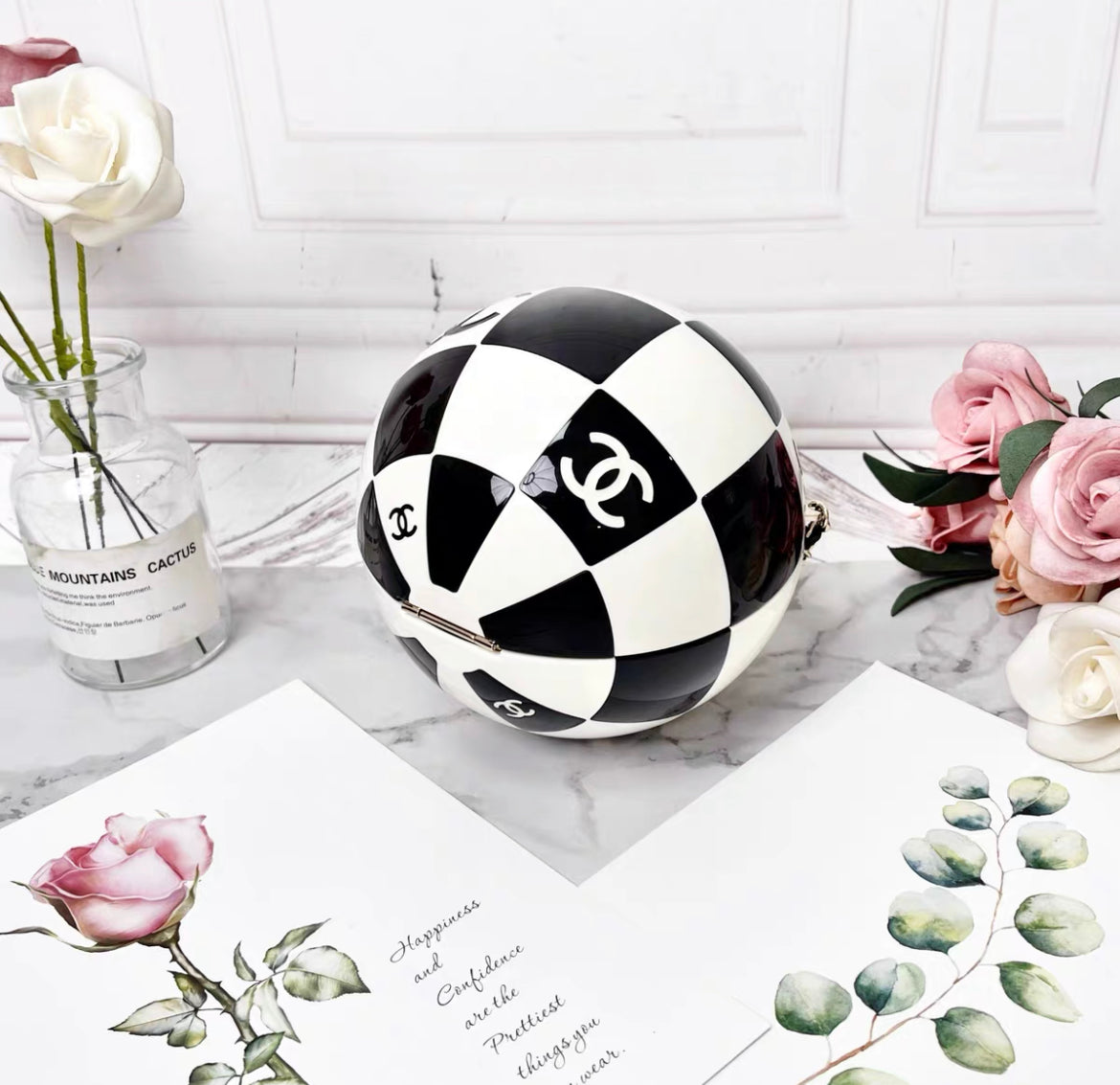Chanel Black And White Resin And Enamel Checker Sphere Minaudiere Pale Gold Hardware 2023