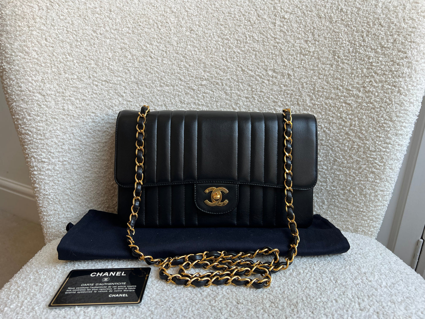 Chanel Medium Black Vertical Quilted Lambskin Vintage Classic Flap Bag with 24K gold hardware