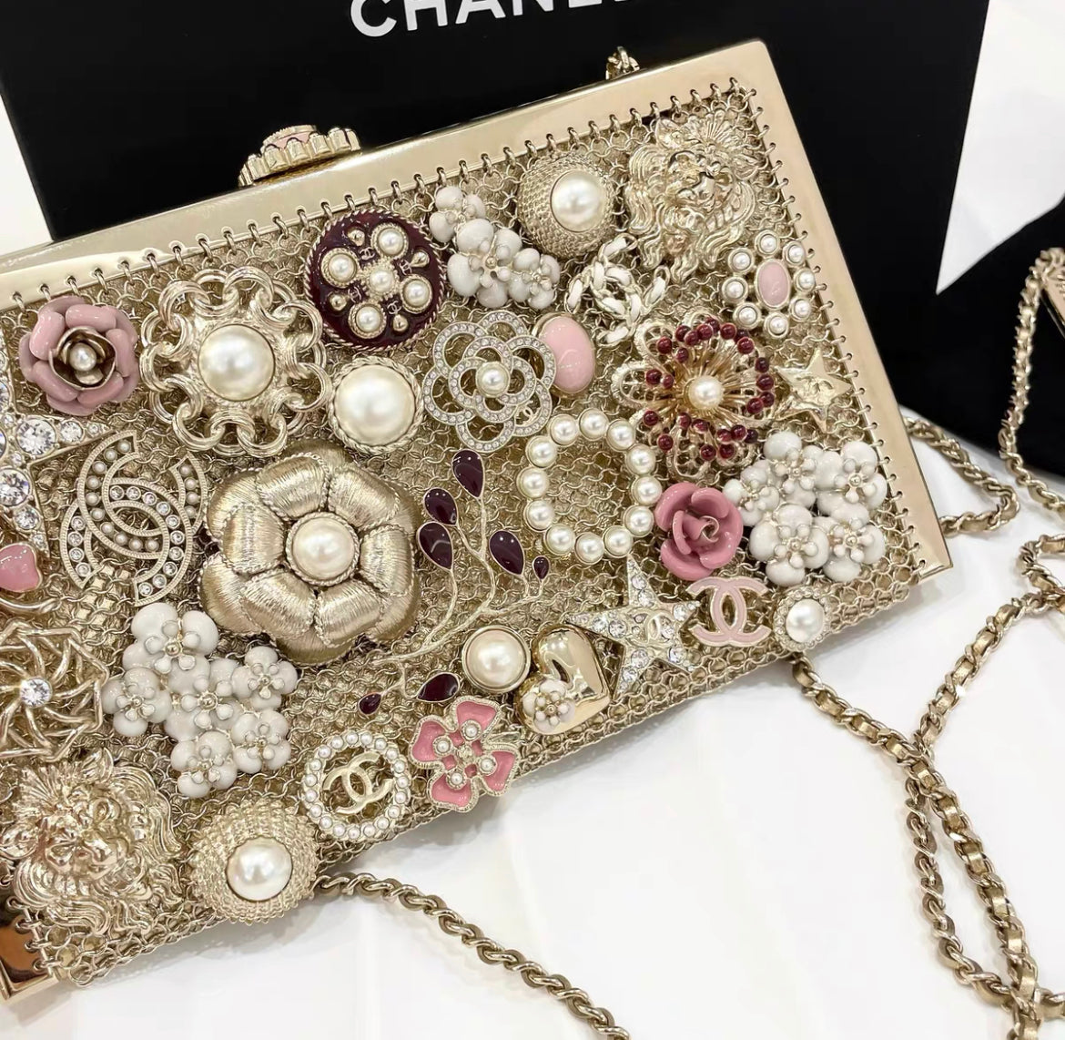Chanel Cc Camellia Charm Bag Pearls And Pink Enamel With Gold Hardware
