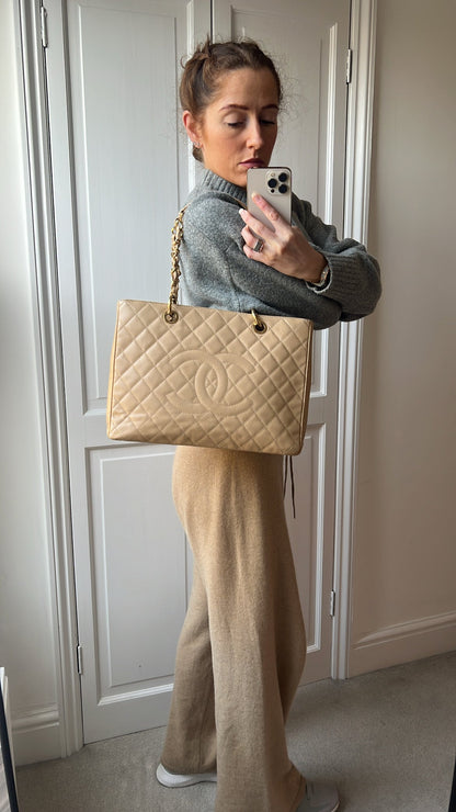 Chanel Beige Caviar Grand Shopper Tote gold hardware (GST)