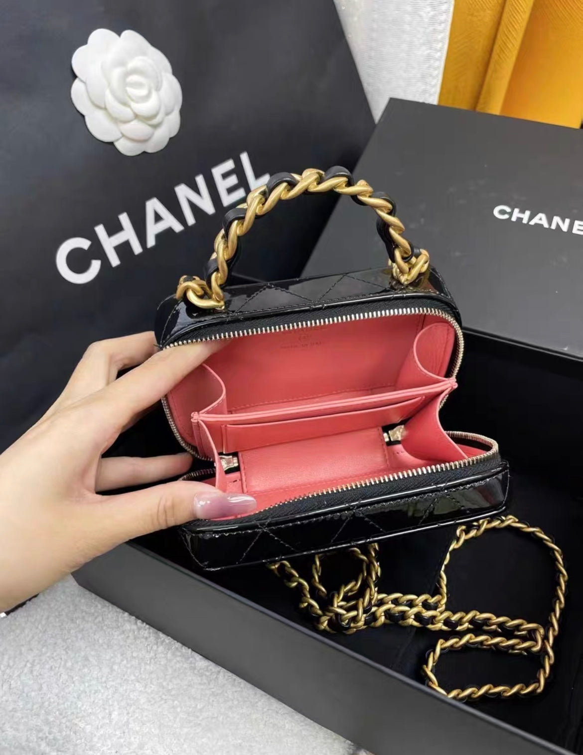 Chanel 22A Patent Black Leather Gold Chain Handle Vanity Case Mini Rectangular Bag Classic Top Handle