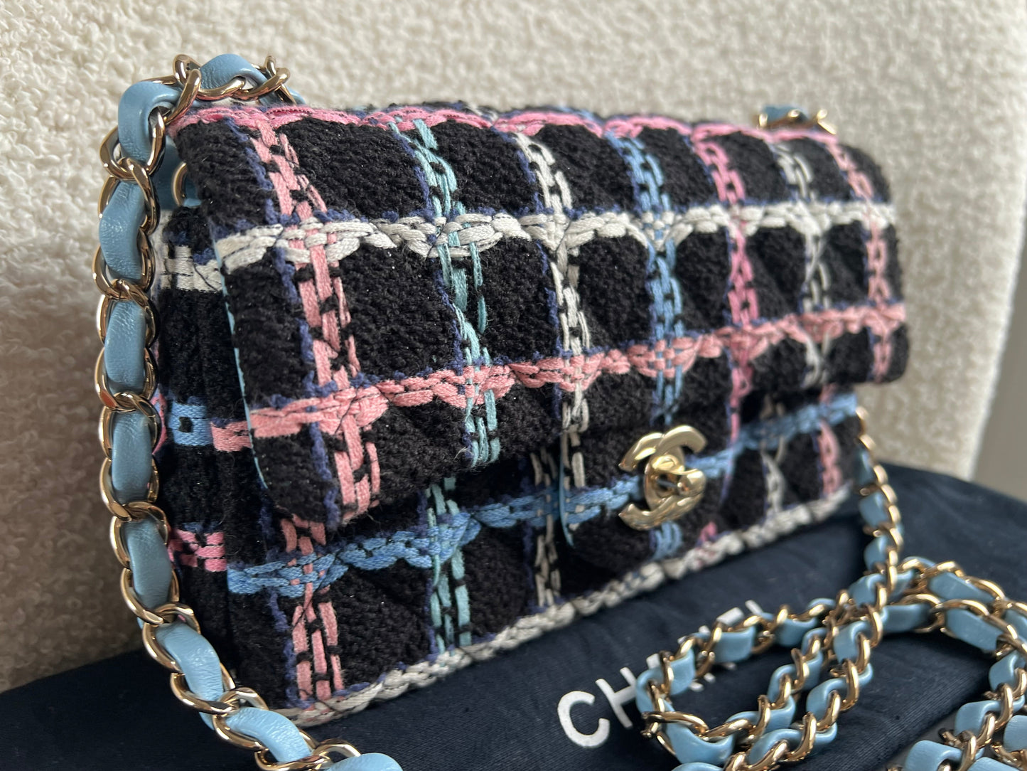 Chanel Classic Quilted Rectangular Mini Flap Bag in Multi Coloured Boucle Tweed and Champagne Gold Hardware (RRP £4390)