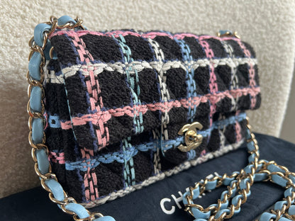Chanel Classic Quilted Rectangular Mini Flap Bag in Multi Coloured Boucle Tweed and Champagne Gold Hardware (RRP £4390)