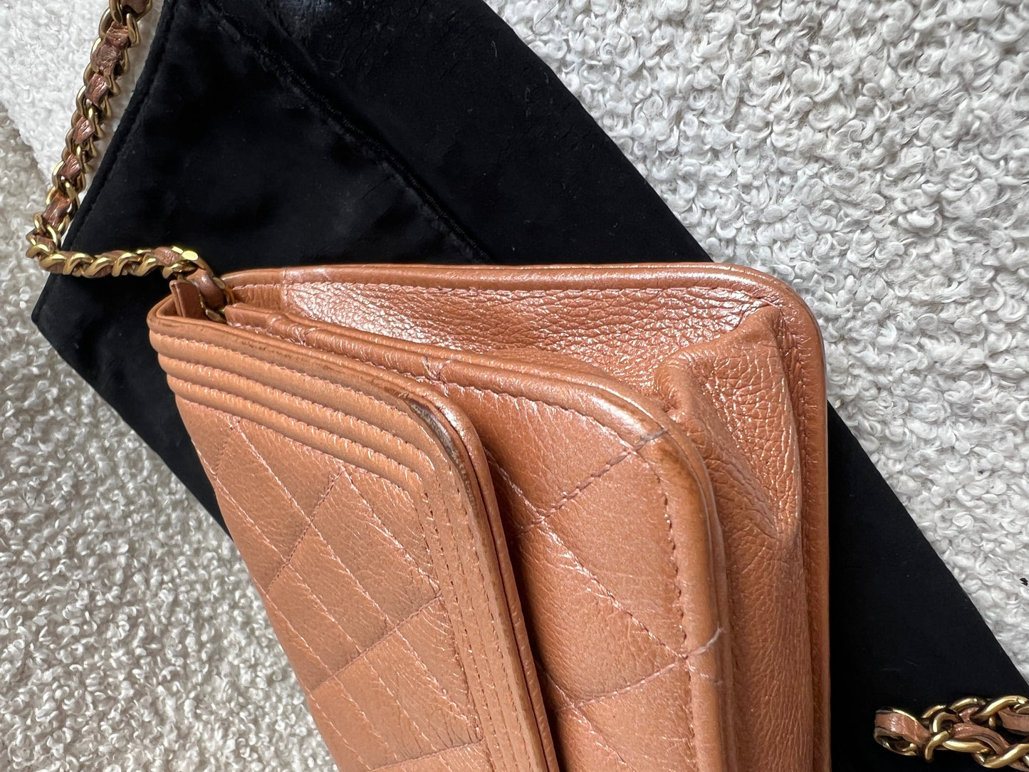 Chanel Dark Beige Quilted Caviar Boy Wallet on Chain