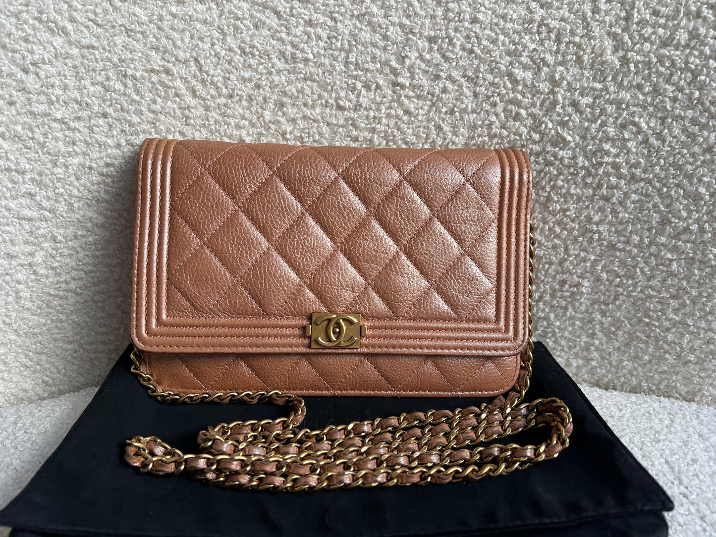Chanel Dark Beige Quilted Caviar Boy Wallet on Chain