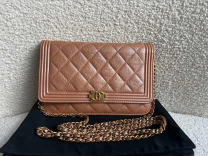 Chanel Dark Beige Quilted Caviar Boy Wallet on Chain
