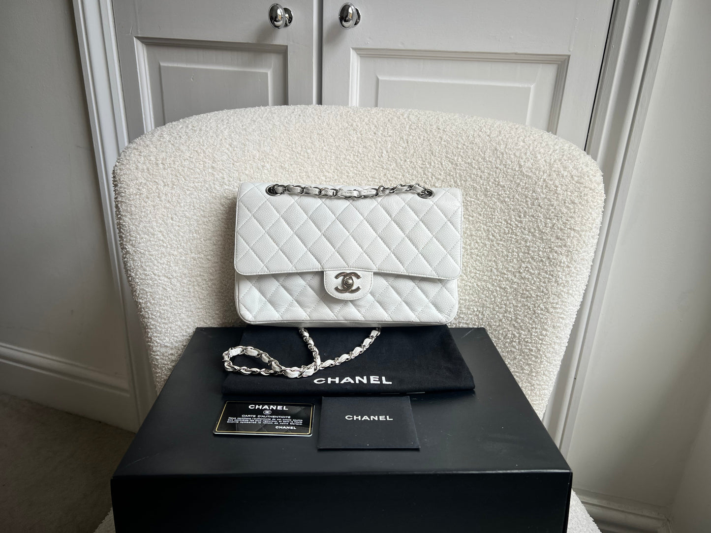 Chanel Medium Classic Flap in White Caviar (RRP £9090)