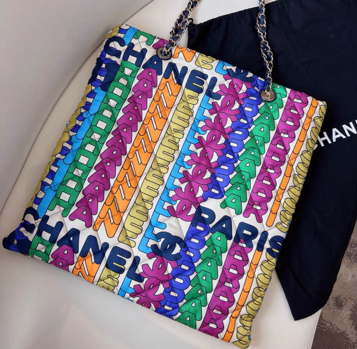 Chanel Rainbow Logo Quilted Textile Tote Bag Gold Hardware 2021