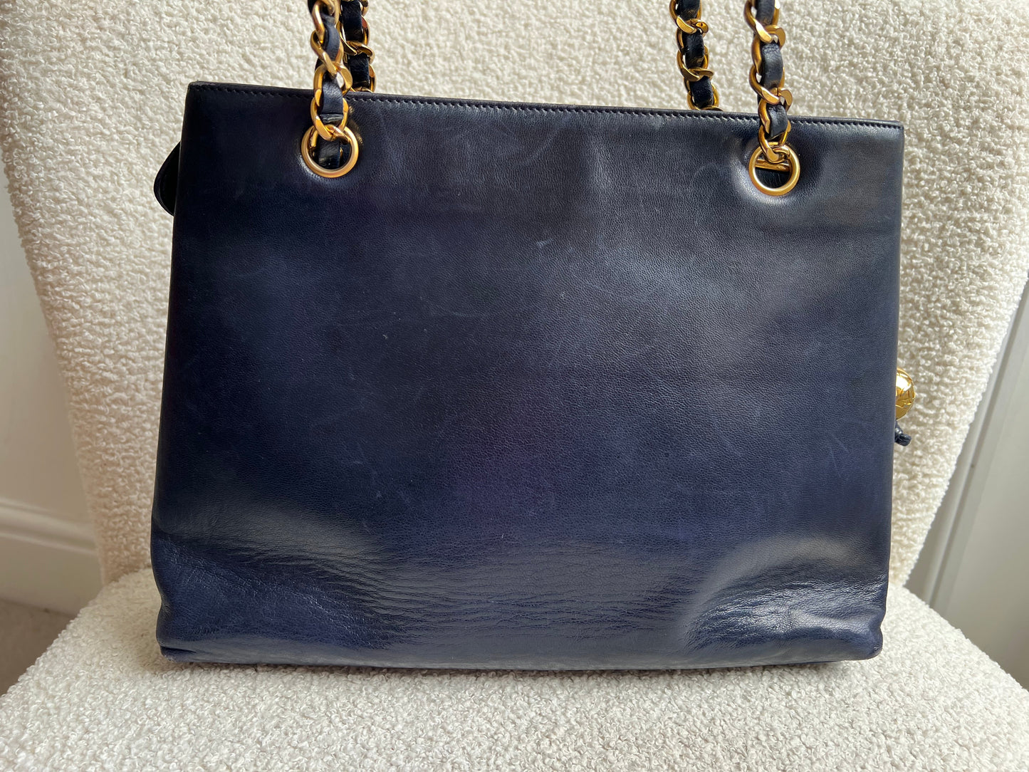 Chanel Vintage Navy Lambskin Chain Tote with 24k Gold Hardware