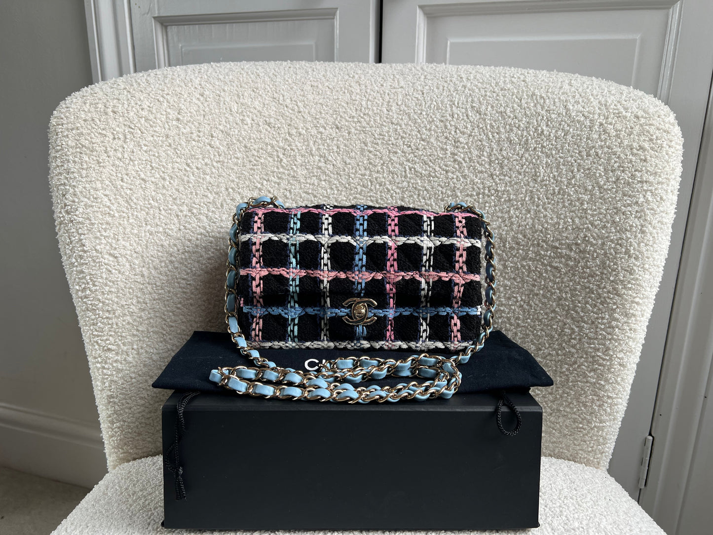 Chanel Classic Quilted Rectangular Mini Flap Bag in Multi Coloured Boucle Tweed and Champagne Gold Hardware (RRP £4390)