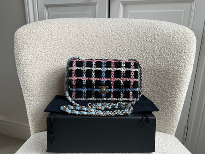 Chanel Classic Quilted Rectangular Mini Flap Bag in Multi Coloured Boucle Tweed and Champagne Gold Hardware (RRP £4390)