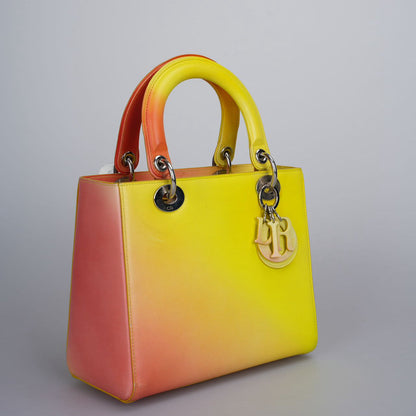 Christian Dior Lady Dior Medium Bag In Gradient Yellow And Orange Box Calf Leather