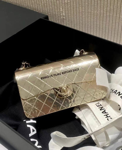 Chanel Quilted Hammered Metal Mini Classic Flap Evening Box Bag Gold Hardware 2022