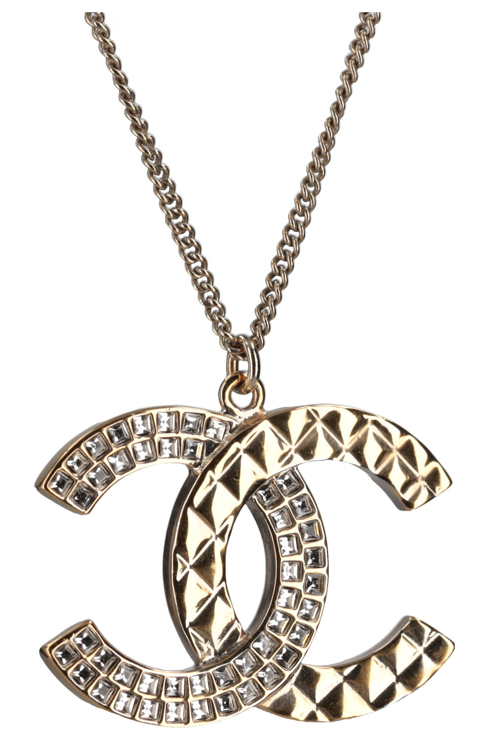 Chanel Baguette Crystal CC Necklace Quilted Gold