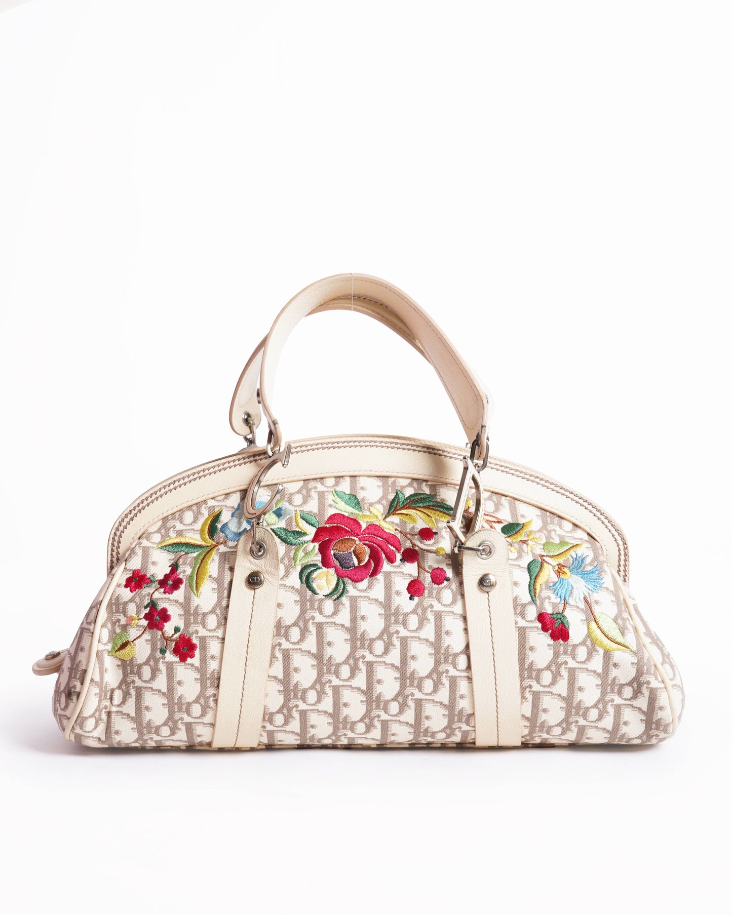 Christian Dior Diorissimo Canvas Leather Floral Embroidered Trotter Satchel