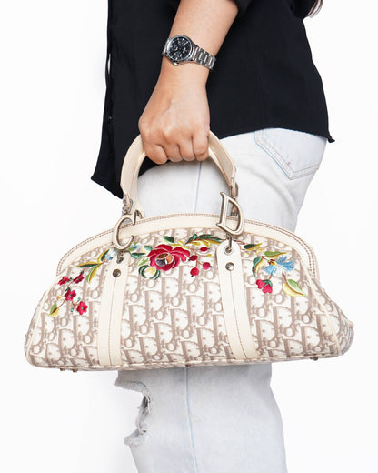 Christian Dior Diorissimo Canvas Leather Floral Embroidered Trotter Satchel