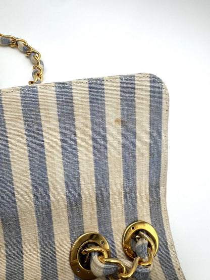 Chanel 1990S Jumbo Blue And White Striped Linen And Cotton Classic Flap Bag