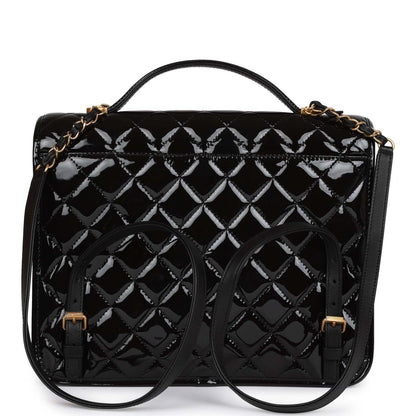 Chanel Large Flap Backpack Black Patent Antique Gold Hardware