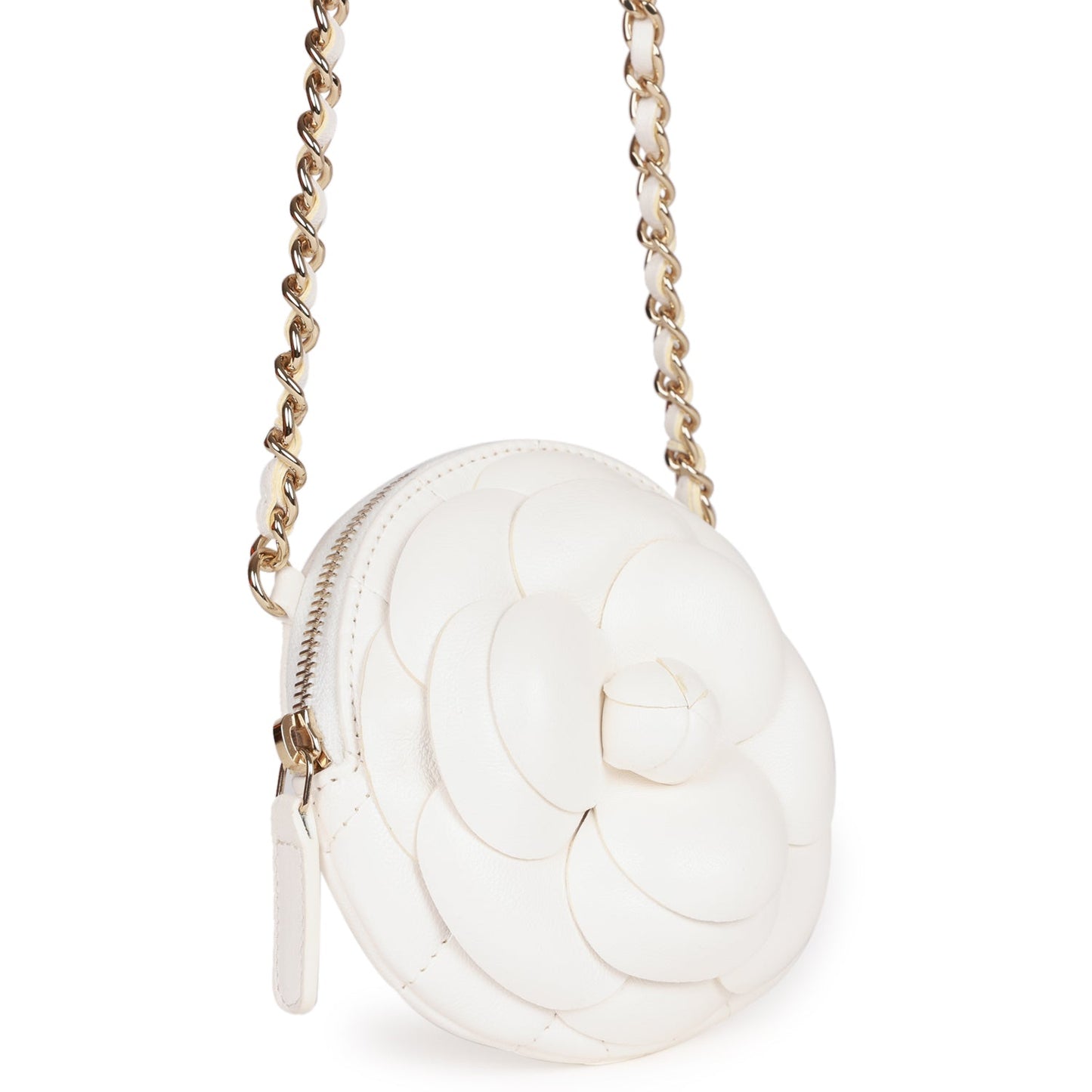 Chanel Camellia Clutch With Chain White Lambskin Light Gold Hardware