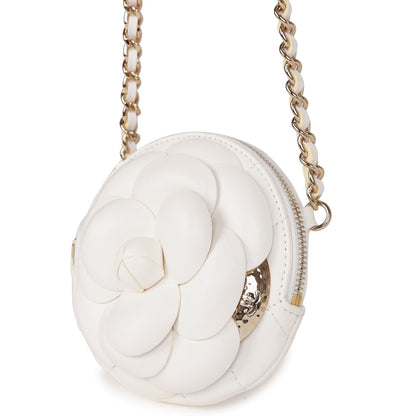 Chanel Camellia Clutch With Chain White Lambskin Light Gold Hardware