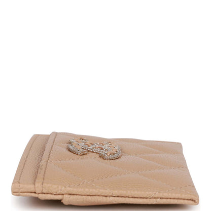 Chanel Card Holder Wallet Beige Caviar Crystal And Light Gold Hardware