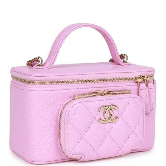 Chanel Small Top Handle Vanity Case Pink Quilted Caviar Gold Hardware