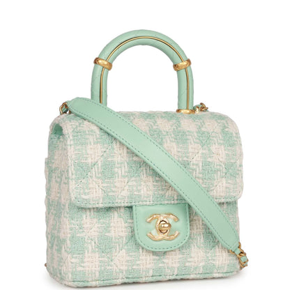 Chanel Mini Square Flap With Top Handle Turquoise And Ecru Tweed Antique Gold Hardware