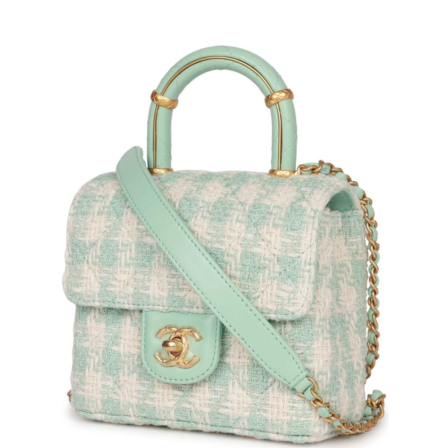 Chanel Mini Square Flap With Top Handle Turquoise And Ecru Tweed Antique Gold Hardware