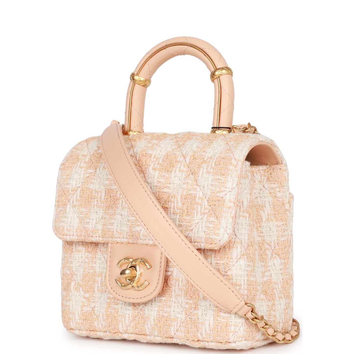Chanel Mini Square Flap With Top Handle Light Orange And Ecru Tweed Antique Gold Hardware