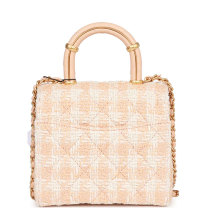 Chanel Mini Square Flap With Top Handle Light Orange And Ecru Tweed Antique Gold Hardware