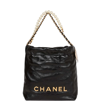 Chanel Mini 22 Bag Black Calfskin And Pearl Antique Gold Hardware