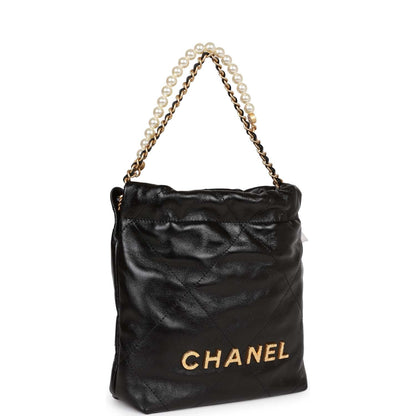 Chanel Mini 22 Bag Black Calfskin And Pearl Antique Gold Hardware