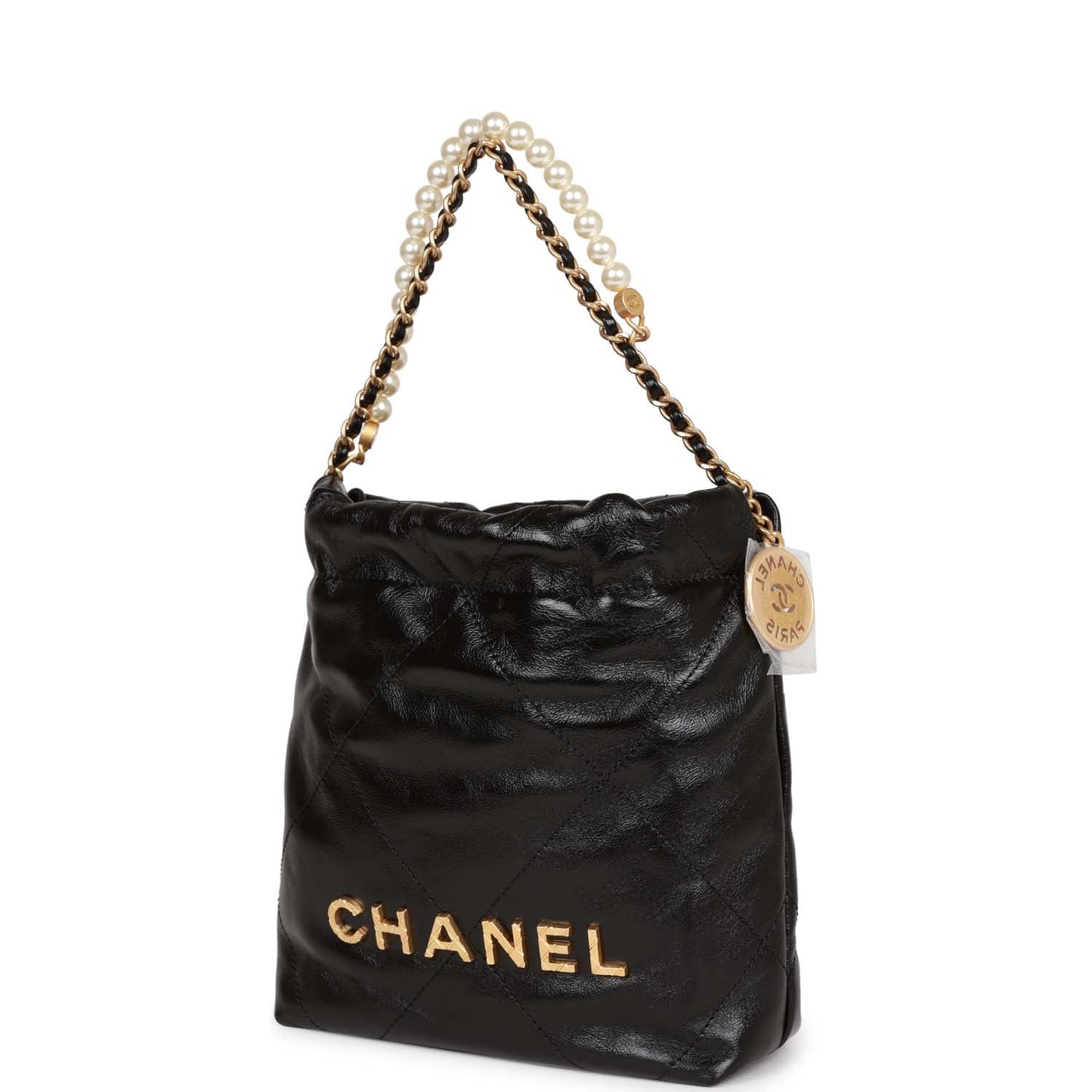 Chanel Mini 22 Bag Black Calfskin And Pearl Antique Gold Hardware