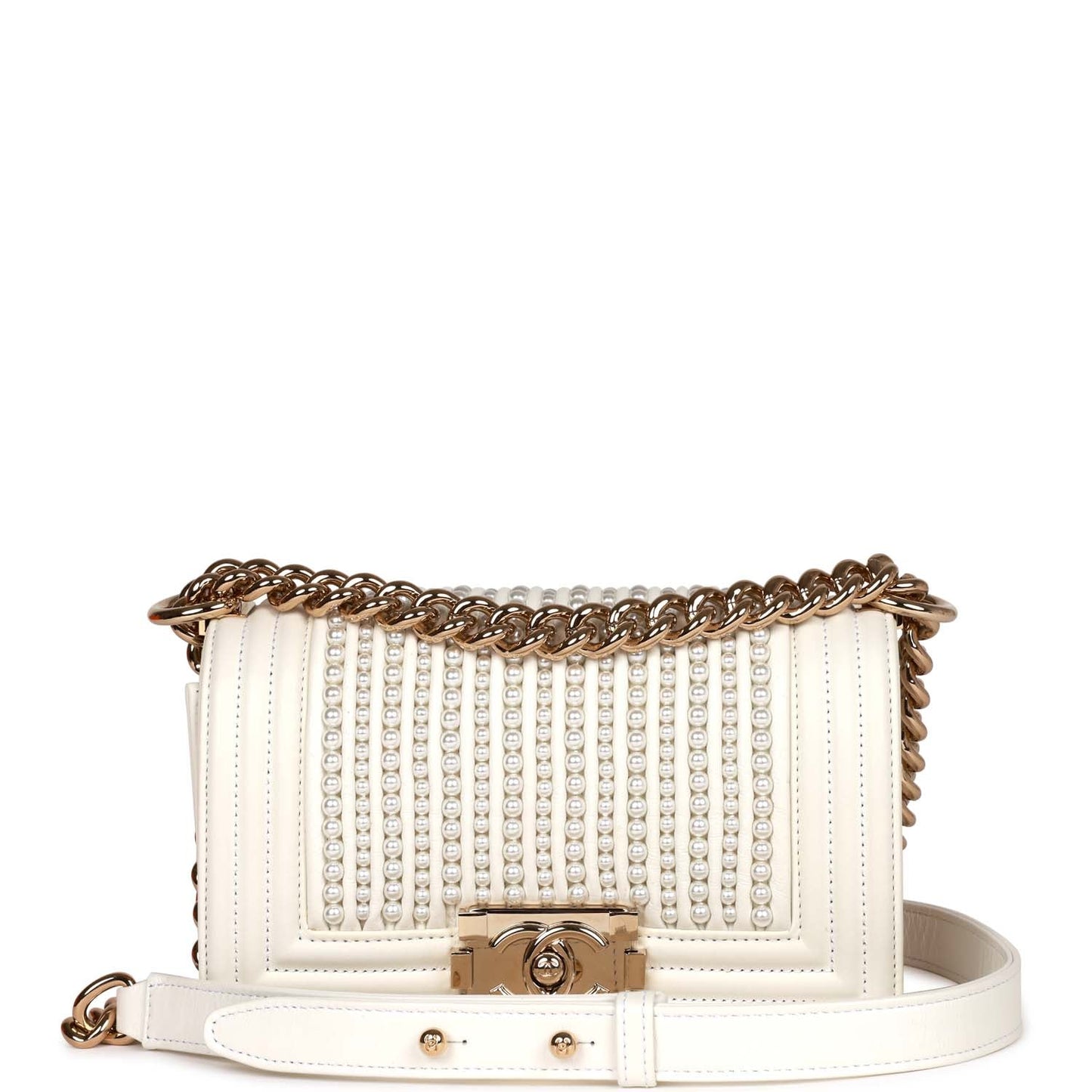 Chanel Small Boy Bag White Calfskin With Imitation Pearls Light Gold Hardware