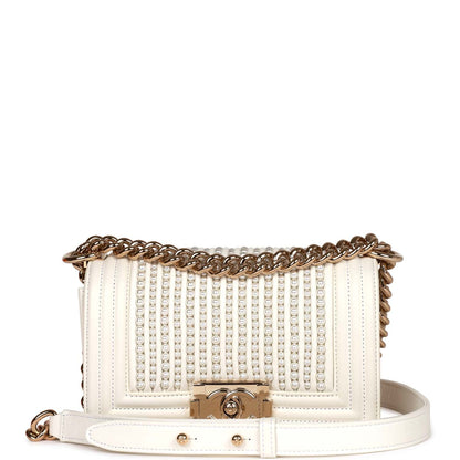 Chanel Small Boy Bag White Calfskin With Imitation Pearls Light Gold Hardware