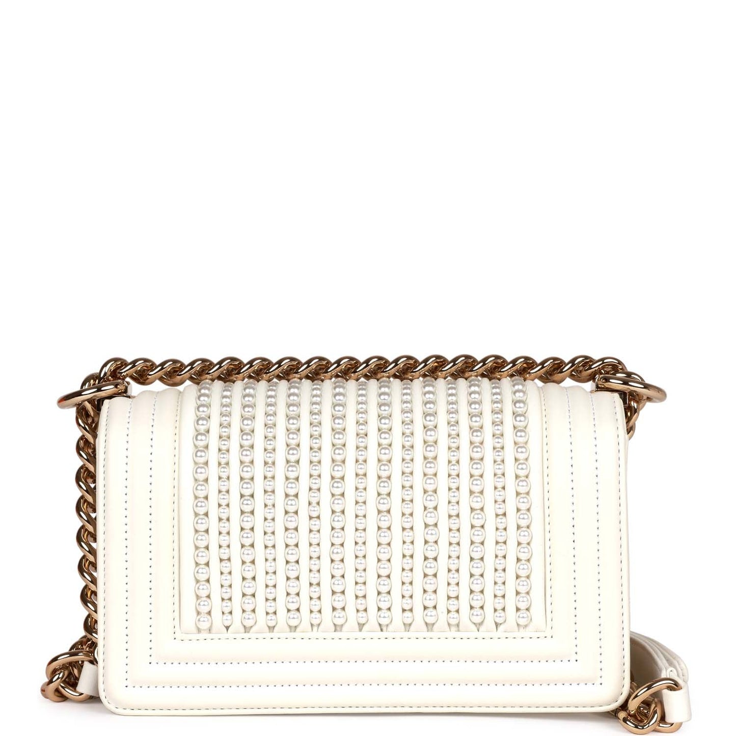 Chanel Small Boy Bag White Calfskin With Imitation Pearls Light Gold Hardware
