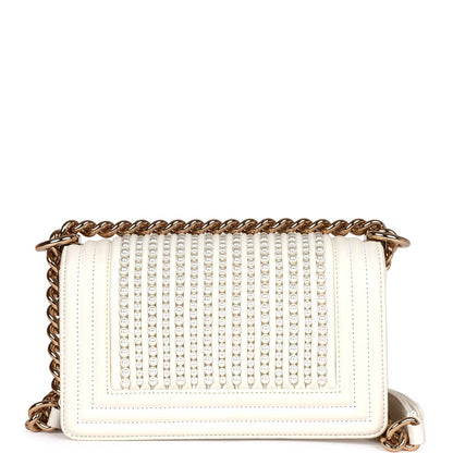Chanel Small Boy Bag White Calfskin With Imitation Pearls Light Gold Hardware