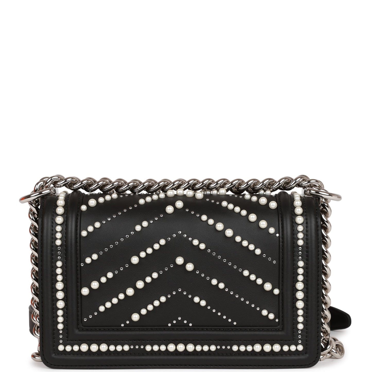 Chanel Small Boy Bag Black Calfskin And Pearl Silver Hardware