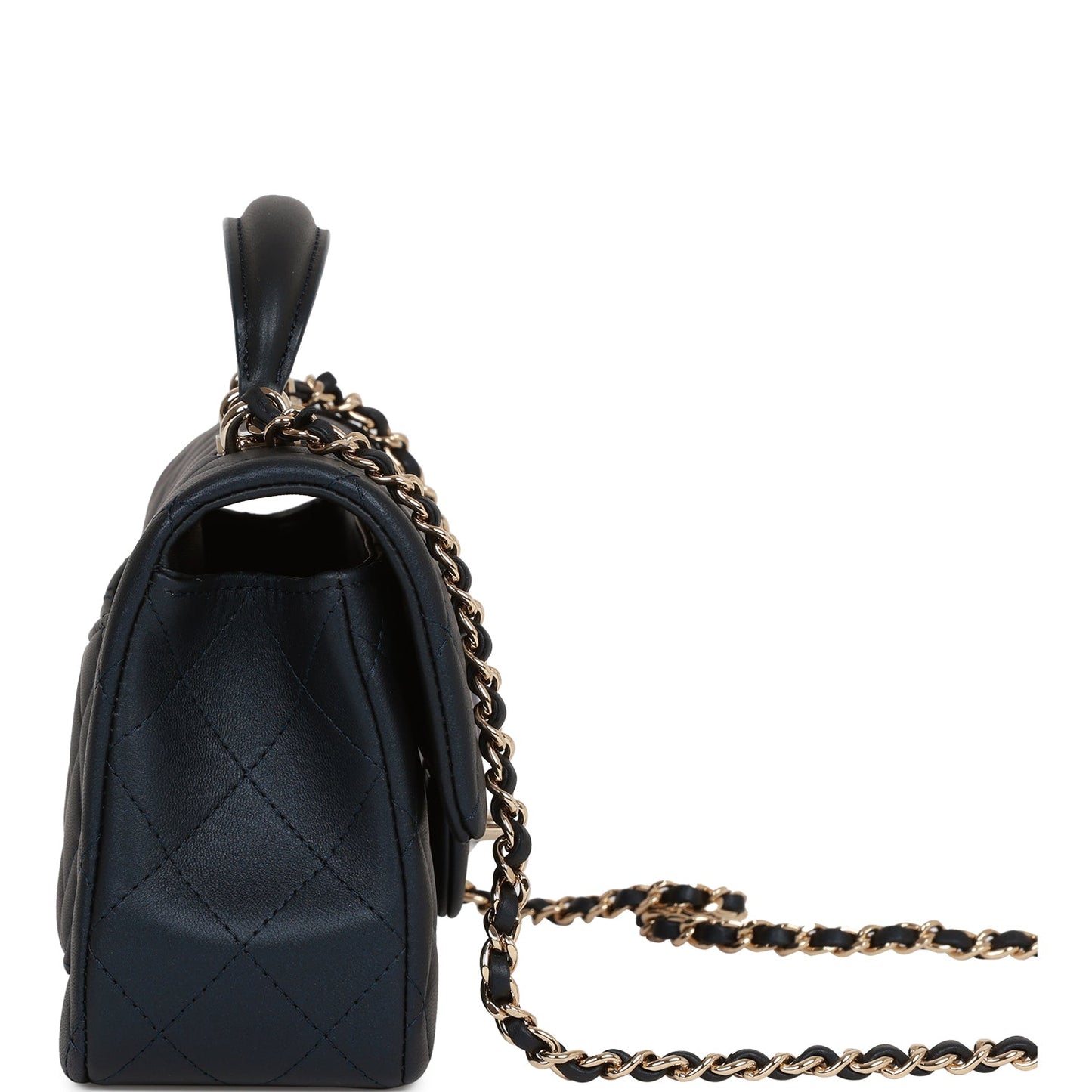 Chanel Mini Rectangular Flap Bag With Top Handle Dark Blue Lambskin Light Gold Hardware