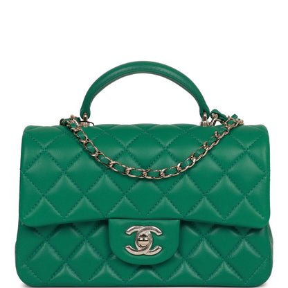 Chanel Mini Rectangular Flap With Top Handle Green Lambskin Light Gold Hardware