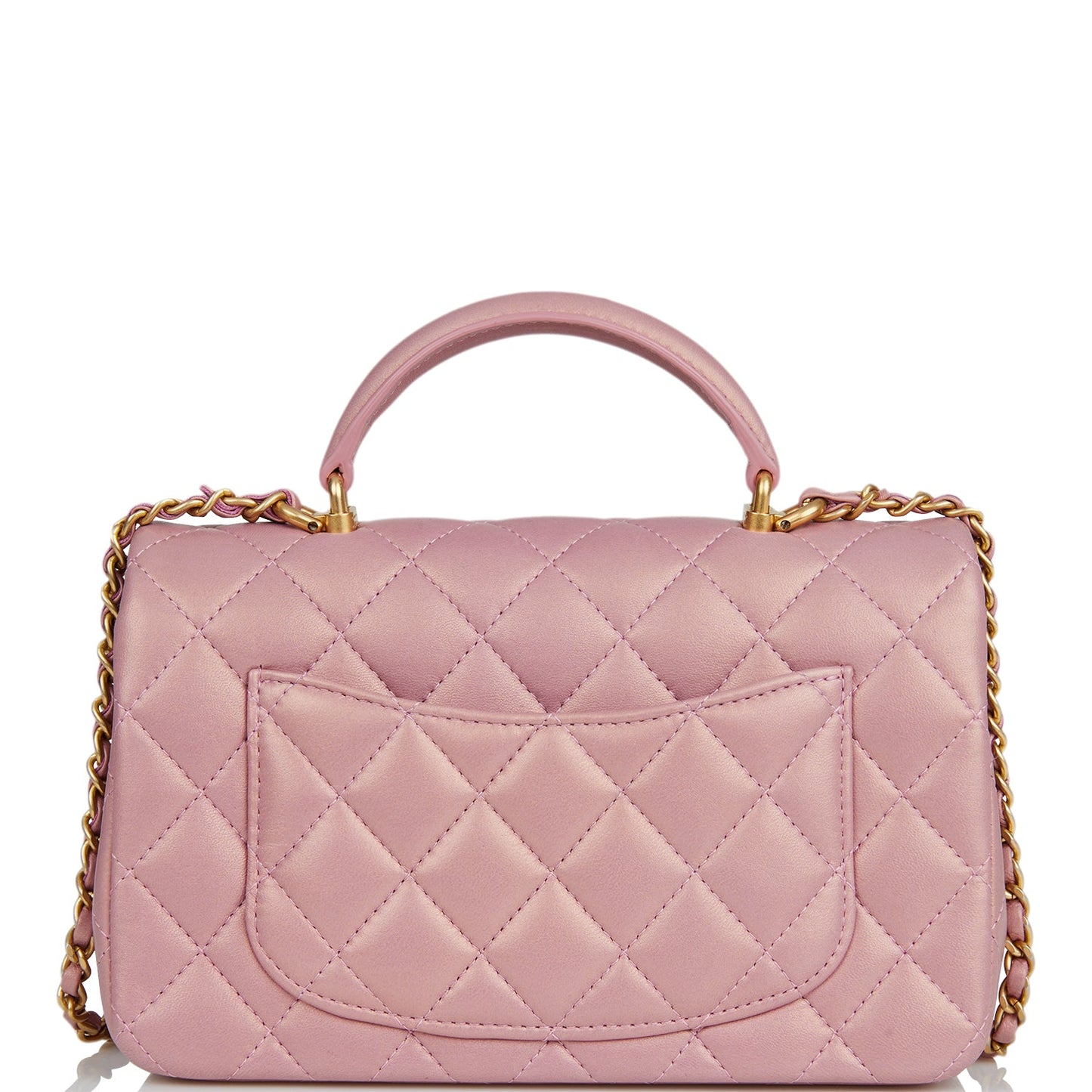 Chanel Mini Rectangular Flap Bag With Top Handle Pink Iridescent Lambskin Antique Gold Hardware