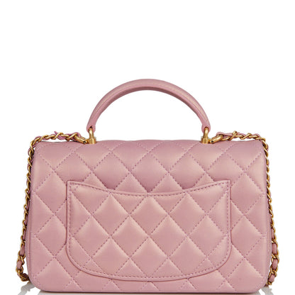 Chanel Mini Rectangular Flap Bag With Top Handle Pink Iridescent Lambskin Antique Gold Hardware